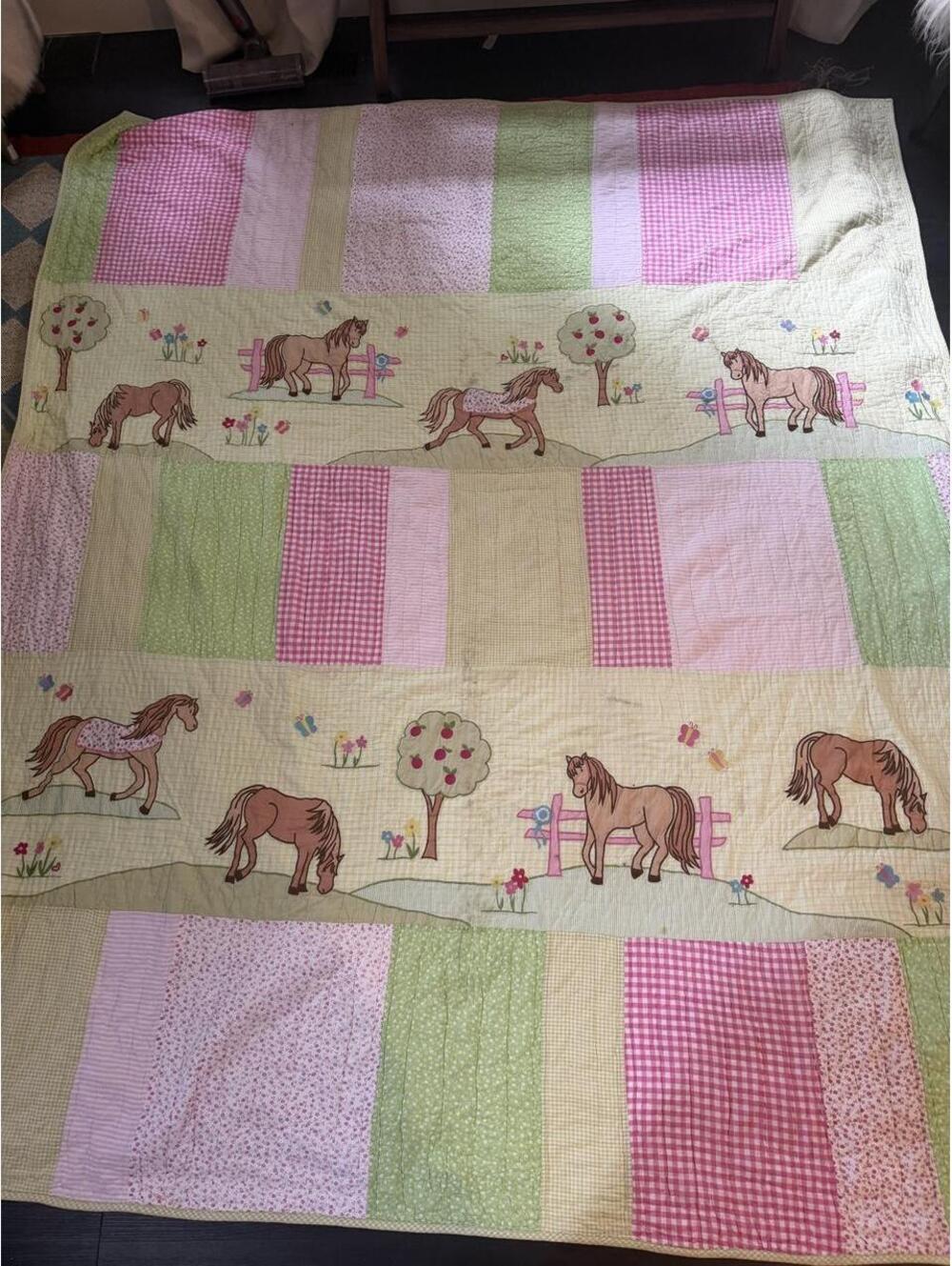 The Company Store Kids gingham queen size 82x94 pink green quilt horses trees